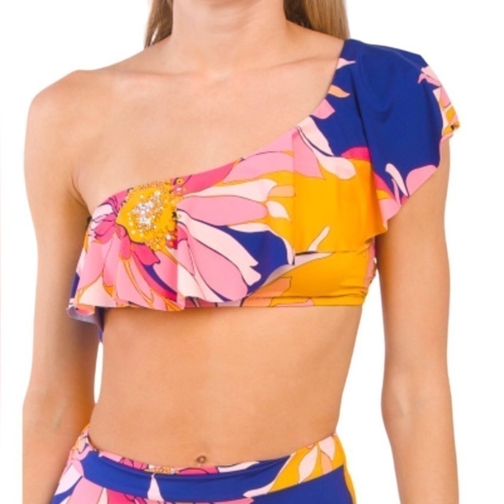 Trina Turk One-Shoulder Swim Floral Bikini Top Womens 6 NWOT